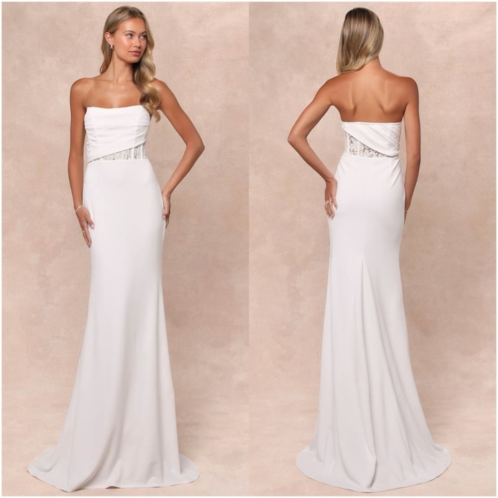 LULU’S Avowed Adoration White Sheer Lace Pleated Strapless Maxi Dress